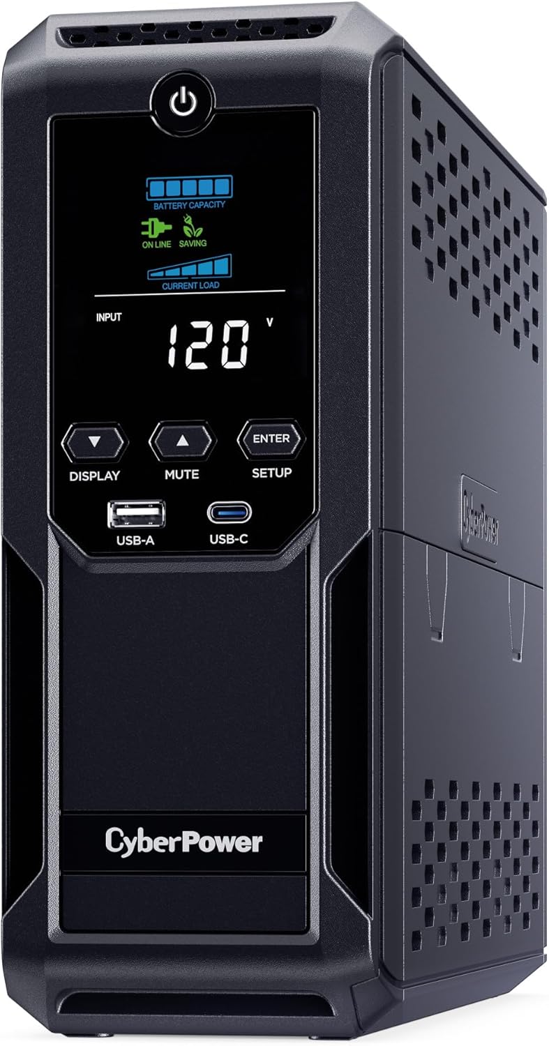 CyberPower CP1500AVRLCD3 Intelligent LCD UPS System, 1500VA/900W, 12 Outlets, 2 USB Ports, AVR, Mini Tower, Black