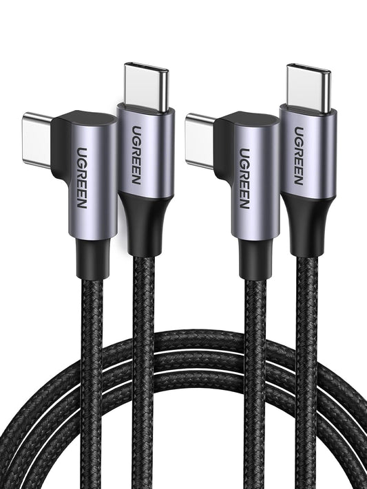 UGREEN USB C to USB C Cable 60W 2 Pack Right Angle PD 3.0 Type C Fast Charging Cord Charger Cable Compatible with iPhone 16 15 Pro Max, Galaxy S25 S24 S23 S22 Ultra, iPad Air Mini, MacBook, 3ft