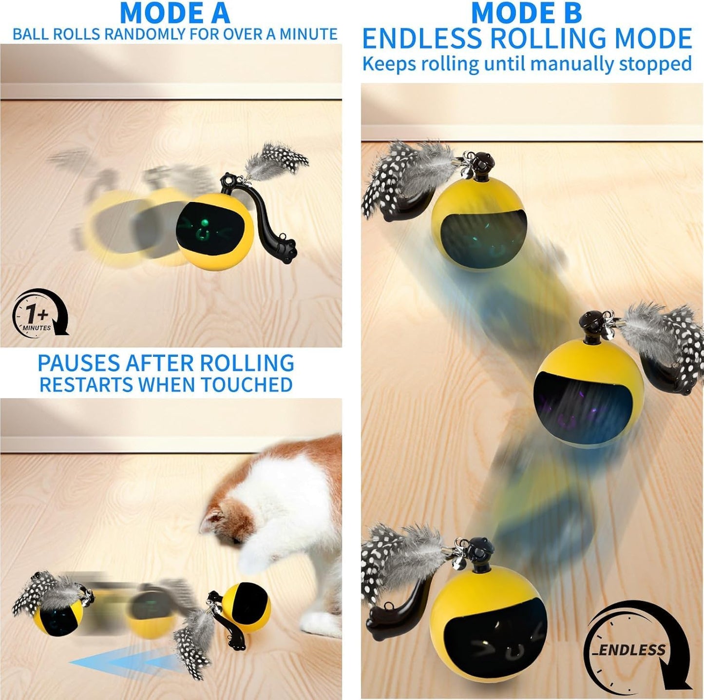 snoslme Interactive Cat Ball Toy, Automatic Moving Cat Toy Ball with Feather Tail, Cats Toy for Chasing and Hunting (Yellow)