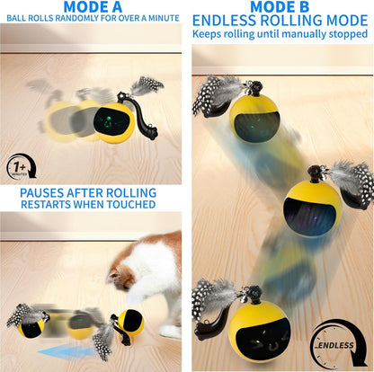 snoslme Interactive Cat Ball Toy, Automatic Moving Cat Toy Ball with Feather Tail, Cats Toy for Chasing and Hunting (Yellow)