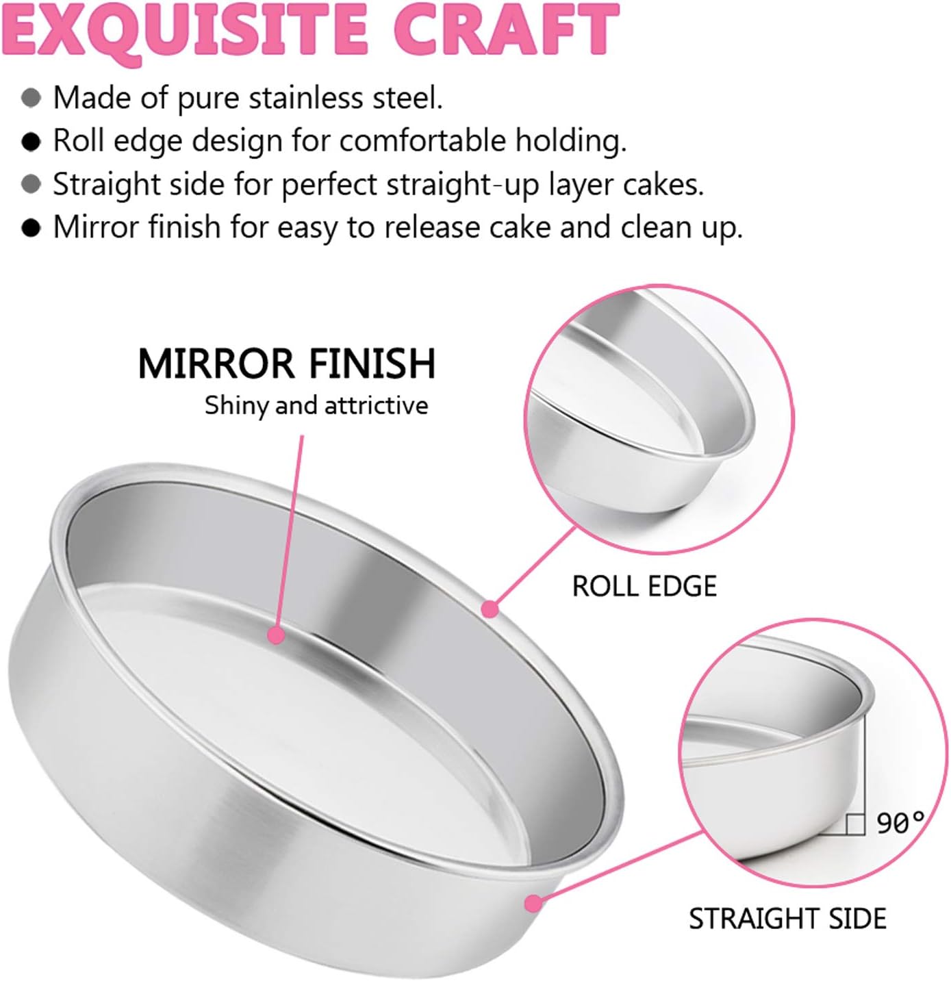 6 Inch Cake Pan Set of 3, E-far Stainless Steel Round Smash Cake Baking Pans, Non-Toxic & Healthy, Mirror Finish & Dishwasher Safe