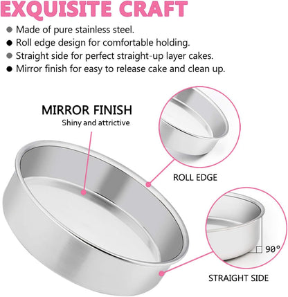 6 Inch Cake Pan Set of 3, E-far Stainless Steel Round Smash Cake Baking Pans, Non-Toxic & Healthy, Mirror Finish & Dishwasher Safe