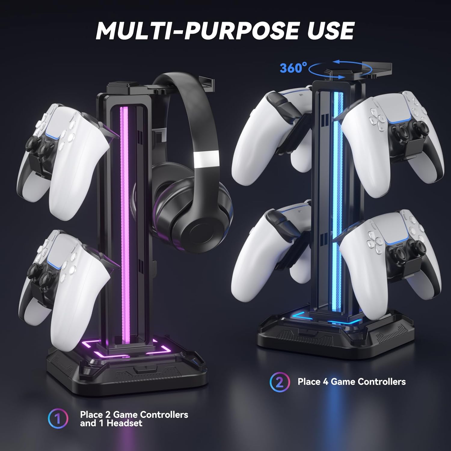 KDD RGB Headset Stand with 9 Light Modes – Rotating Headphone Holder with Detachable Controller Hooks - PuriLite