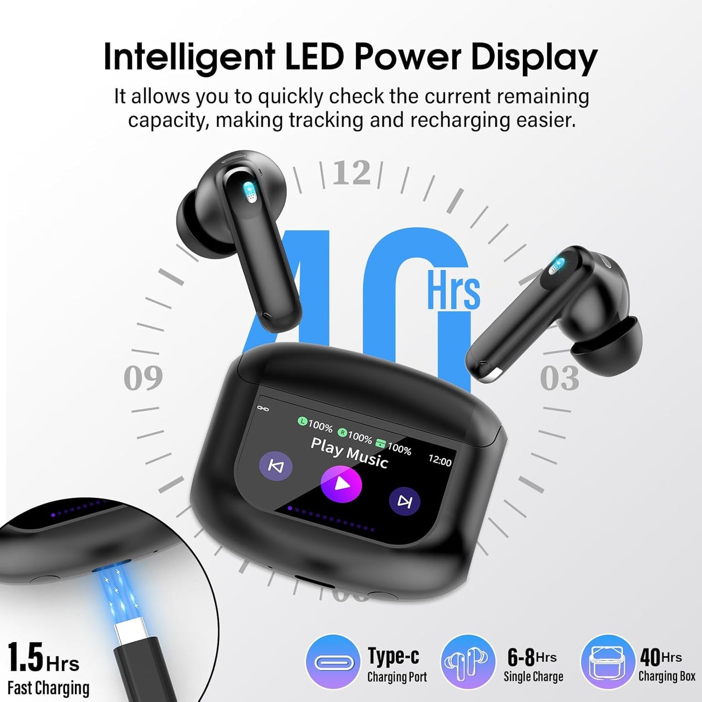 Wireless Earbuds, Bluetooth 5.4 Ear Buds with Multifunctional Touch Screen, 48H HiFi Stereo Headphones, ANC/ENC Noise Cancelling Mic, IPX7 Bluetooth Earbuds with 5 EQ Modes, in Ear Earphones, Black