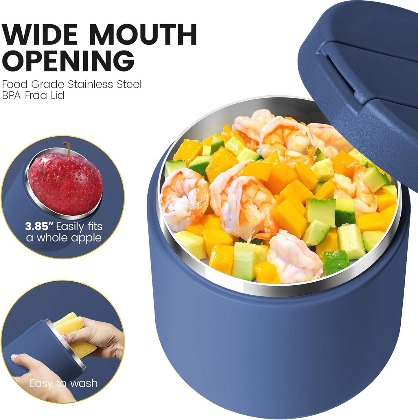 19 Oz Insulated Food Jar, Buckle Lid Wide Mouth Soup Jar, Leakproof Stainless Steel Lunch Container for School Office Travel, Blue