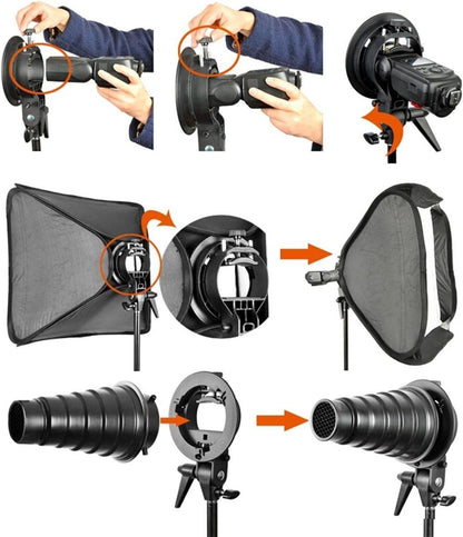 Godox S Type Bracket Bowens Holder S Mount Holder with Foldable 40x40cm /15.7x15.7 inches Softbox and Honeycomb Grid & Bag Kit for Flash Camera Studio Photography