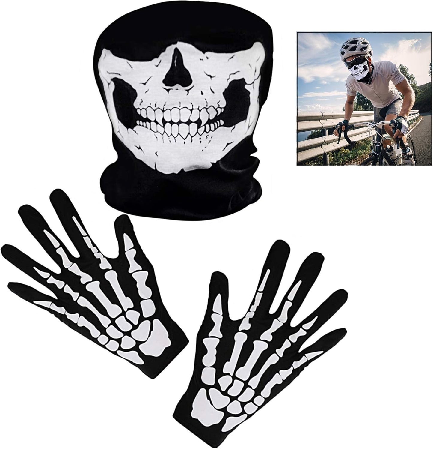iPobie Skull Face Cover White Skeleton Gloves for Motorcycle Bicycle Half Face Skeleton Cover Halloween Outdoor Sport Headwear