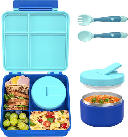 Bento Lunch Box for Kid with 7oz Soup Jar, Leak-Proof Lunch Box with Cutlery, 4-Compartments Lunch Container for School Outdoors Office