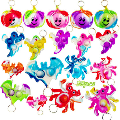 HOZKEAP 30 Packs Bulk Halloween ghost pumpkin spider bat Fidget Bubble Mini Pop Keychain，Halloween Party Favors Small Birthday Supplies and Student Prizes