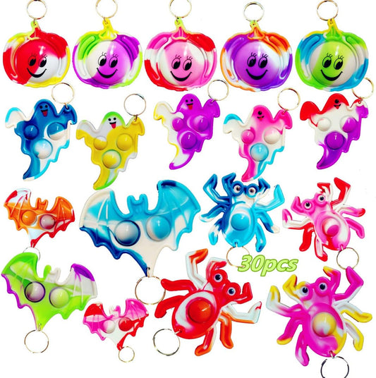 HOZKEAP 30 Packs Bulk Halloween ghost pumpkin spider bat Fidget Bubble Mini Pop Keychain，Halloween Party Favors Small Birthday Supplies and Student Prizes