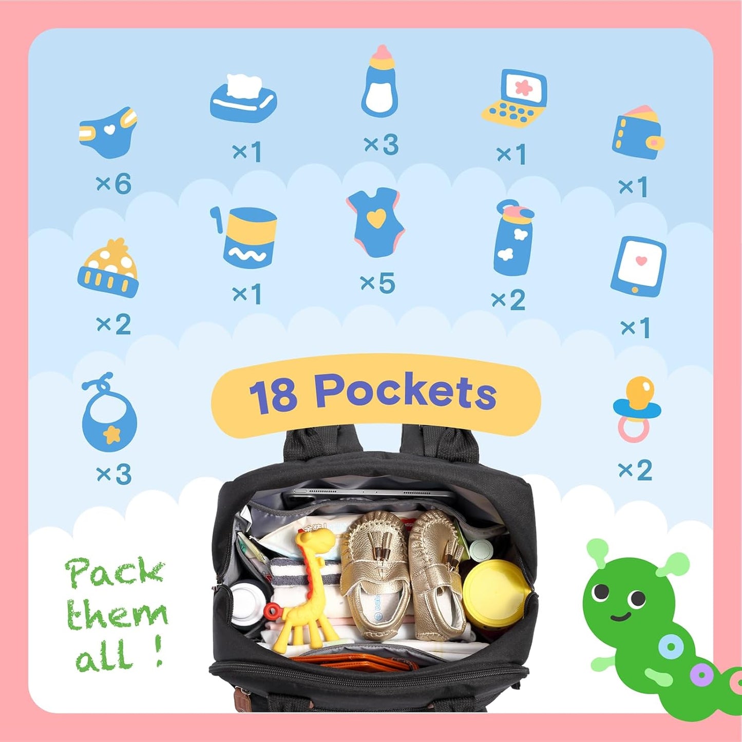 Diaper Bag Backpack, iniuniu Large Baby Bags with Diaper Pouch, Washable Changing Pad, Pacifier Case and Stroller Straps