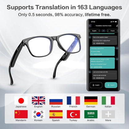 2025 AI Translation Smart Glasses for Men Women,7 Day Ultra-Long Standby,Anti-Blue Light/UV400,Bluetooth Glasses with 163 Translation,IP65 Waterproof,Multifunctional Sunglasses for Android iOS Black