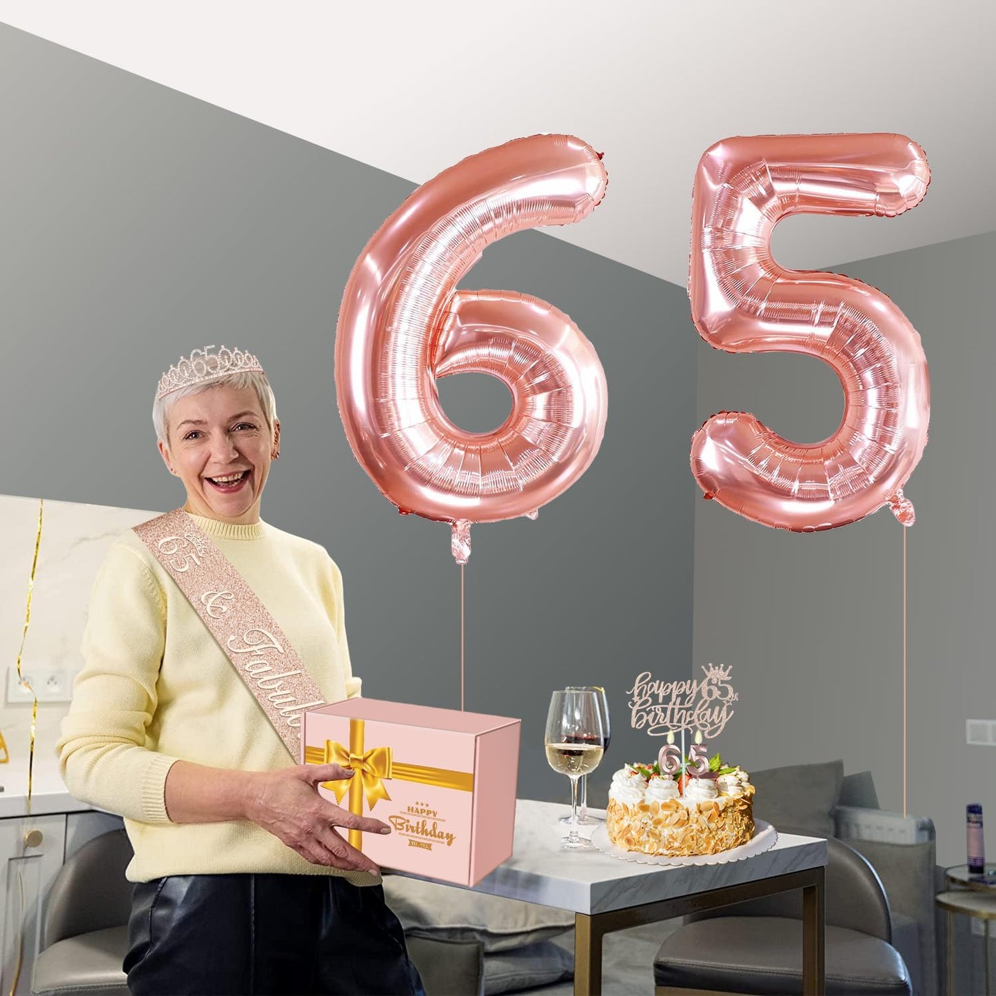 65th Birthday Decorations for Women, Including 65th Birthday Sash and Crown, Cake Topper and Candles, Number Balloons Rose Gold, 65 Year Old Gifts for Women