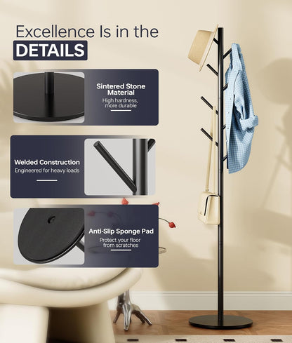 Coat Rack with 8 Hooks, Adjustable to 3 Heights, Modern Hall Tree, Sturdy Metal Coat Stand with Sintered Stone Base, for Entryway, Office or Bedroom, Ideal for Coats, Hats and Bags, Black