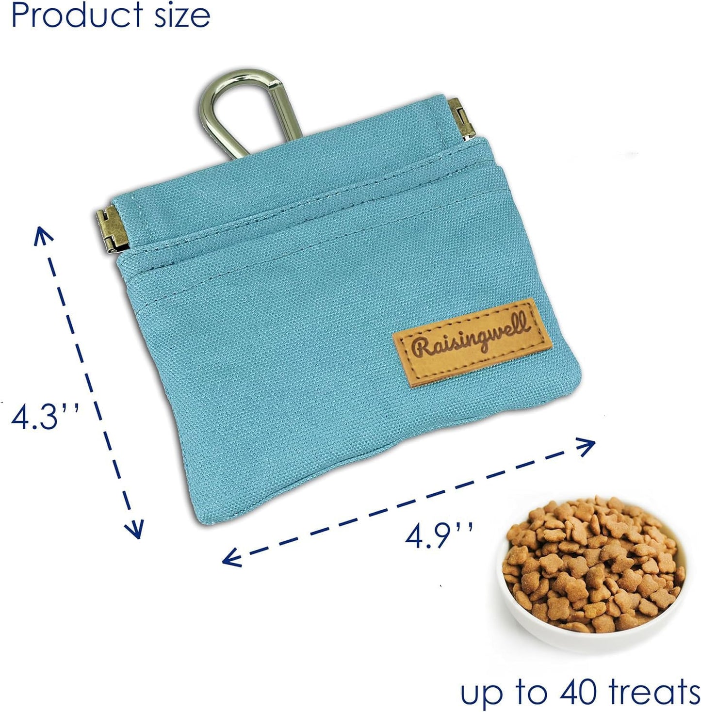 Raisingwell Dog Treat Pouch, Black Pocket Sized Pet Training Pouch, Cotton Fabric, Hand Free Dog Walking Bag with Carabiner, Self-Closing Pet Feed Snack Reward, for Pet Puppy Travel or Outdoor Use