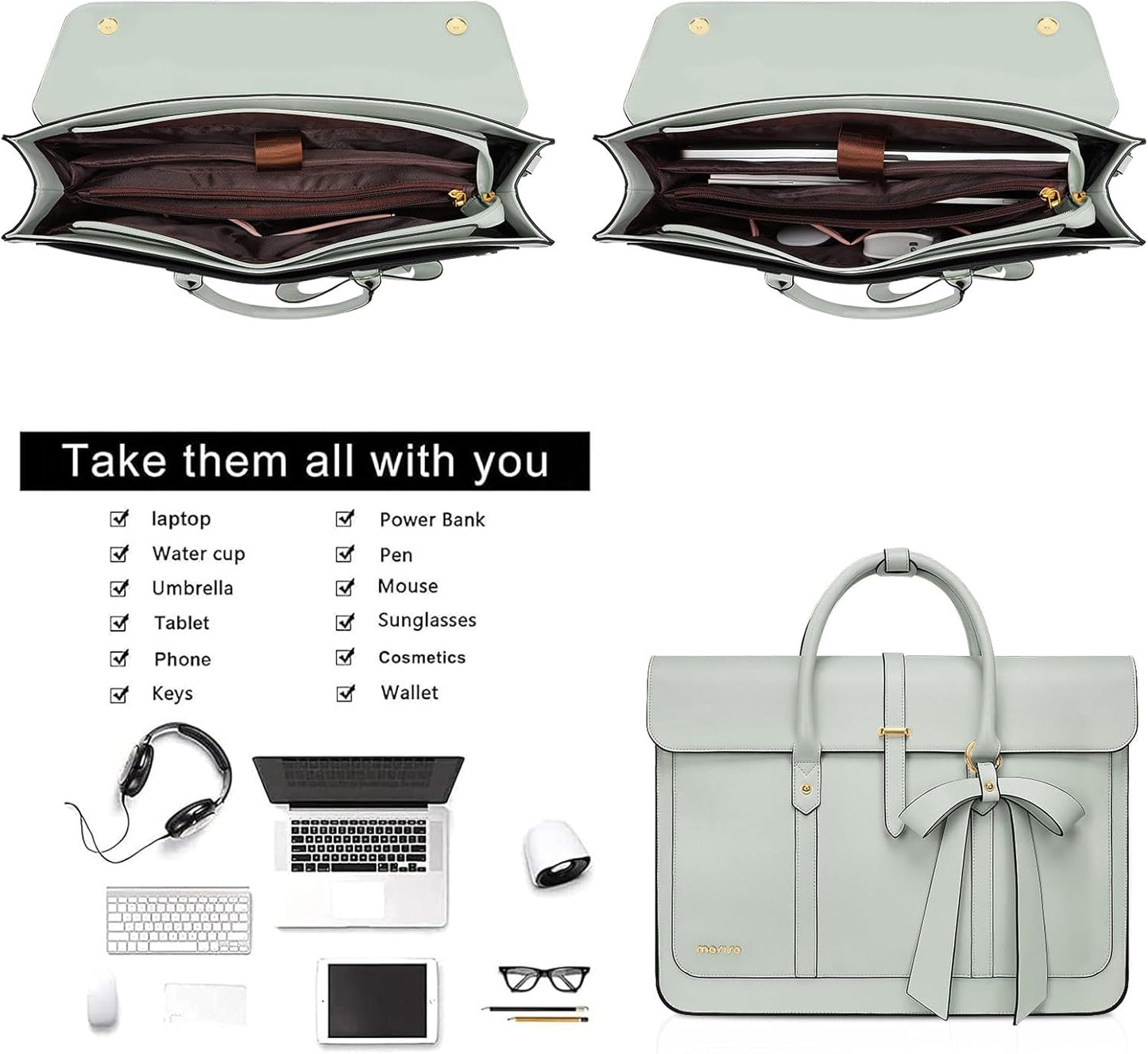 MOSISO Laptop Bag for Women, PU Leather Laptop Shoulder Bag Convertible Backpack, Work Travel Computer Bag with Bowknot - PuriLite