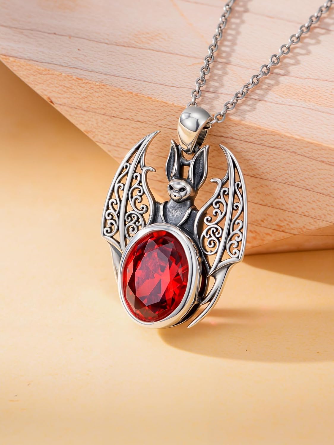 POTOPYY Bat Necklace for Women Sterling Silver Gothic Jewelry Bat Pendant, Goth Necklace With Crystal Red Stone Halloween Christmas Gifts for Women Mom Daughter Friend