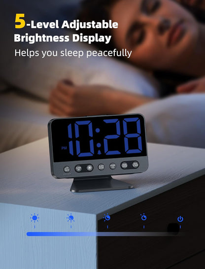 Odokee Digital Alarm Clocks for Bedrooms: Large Bold Number 5 Brightness Dimmer - Easy to Read Across The Room - 5 Alarm Sound 8 Night Light - Silver