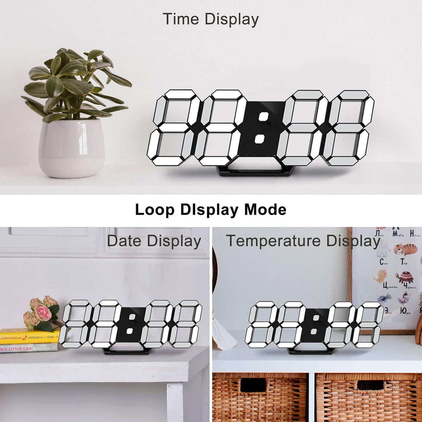 Deeyaple 3D LED Digital Wall Clock Modern Alarm Clock Adjust Brightness 12/24 Time Date Temperature Silent Snooze USB Night Light Remote Control Kitchen Bedroom Living Room Small 9.7 inch White