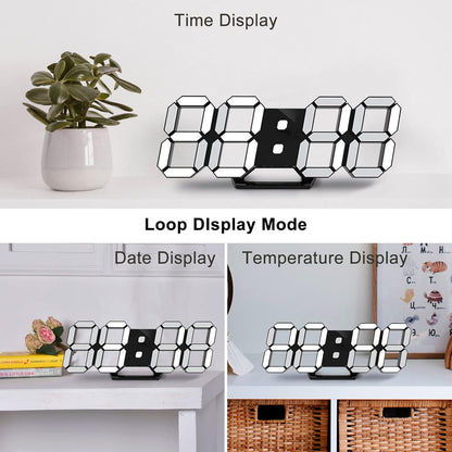 Deeyaple 3D LED Digital Wall Clock Modern Alarm Clock Adjust Brightness 12/24 Time Date Temperature Silent Snooze USB Night Light Remote Control Kitchen Bedroom Living Room Small 9.7 inch White