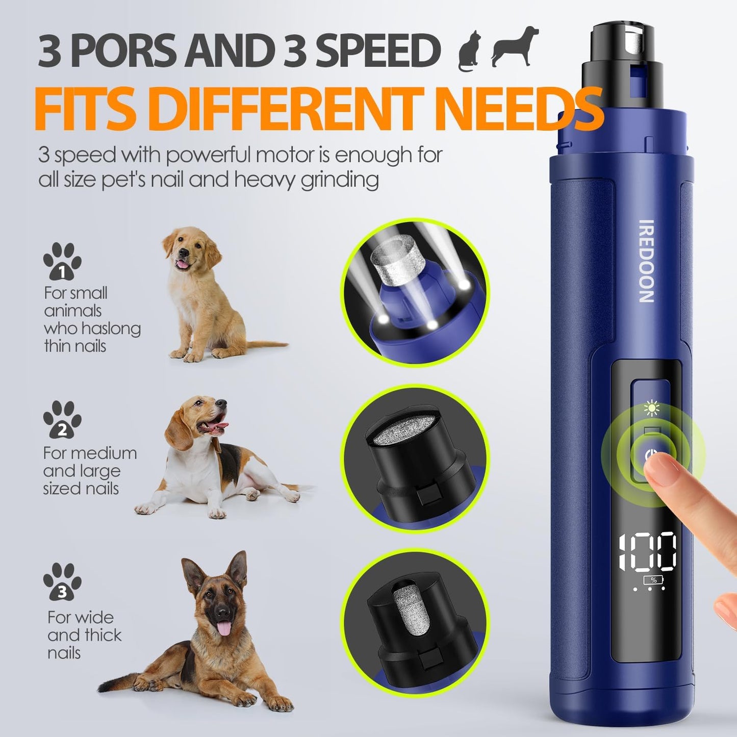 IREDOON Dog Nail Grinder Upgraded - Professional 3-Speed Super Quiet and Low Vibration Electric Pet Nail Grinder with 4 LED Lights - Painless Paws Grooming & Smoothing for Small to Large Dogs (Black)