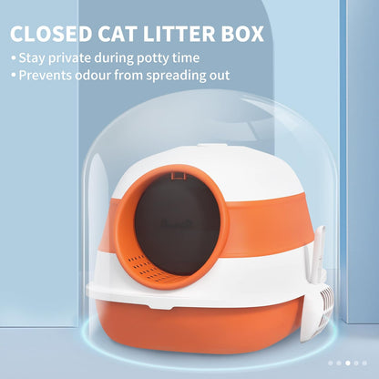 PawHut Foldable Large Cat Litter Box with Lid, Covered Kitten Litter Box w/Automatic Cat Litter-Proof Sides, Deodorization, Easy to Clean, White and Grey