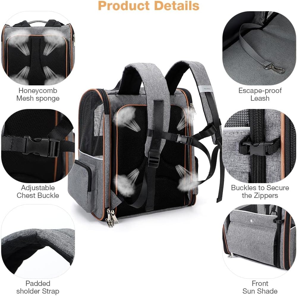 Lekespring Cat Bag, Expandable Cat Backpack Carrier for Small Dogs Medium Cats Fit Up to 18 Lbs, Dog Backpack Carrier, Foldable Pet Backpack Carrier for Travel, Hiking, Outdoor Use (Grey)