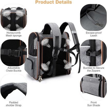 Lekespring Cat Bag, Expandable Cat Backpack Carrier for Small Dogs Medium Cats Fit Up to 18 Lbs, Dog Backpack Carrier, Foldable Pet Backpack Carrier for Travel, Hiking, Outdoor Use (Grey)