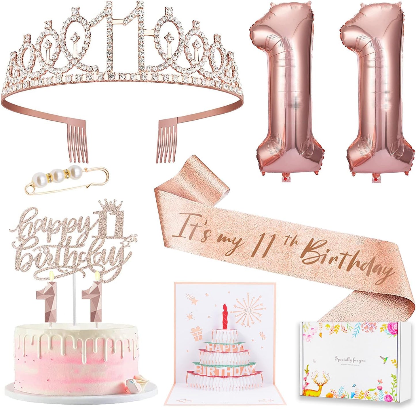 8pcs 40th Birthday Decorations gifts for Women, Including 40th Happy Birthday Cake Topper, Queen Sash with Pearl Pin, Sweet Rhinestone Tiara Crown for Women, Number Candles and Balloons (Rose Gold)
