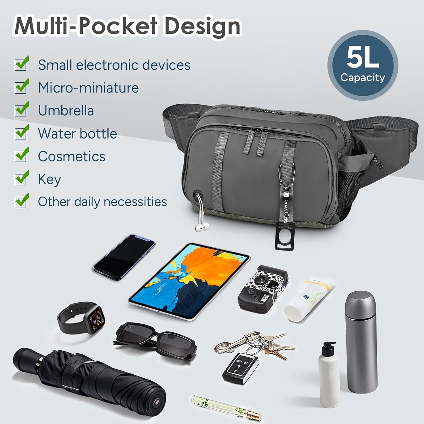travel inspira 5L Convertible Waist to Chest Pack - Lightweight Adjustable Strap for Hiking, Walking, Travel - Grey