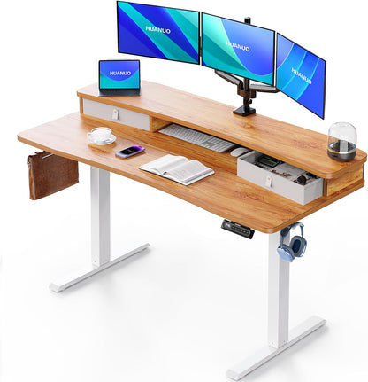 HUANUO 60″ x 30″ Electric Standing Desk with 2 Drawers, C-Clamp Mount Compatible, Height Adjustable Computer Desk, Home Office Stand Up Desk with 4 Preset Heights & 2 Hooks, Vintage Brown