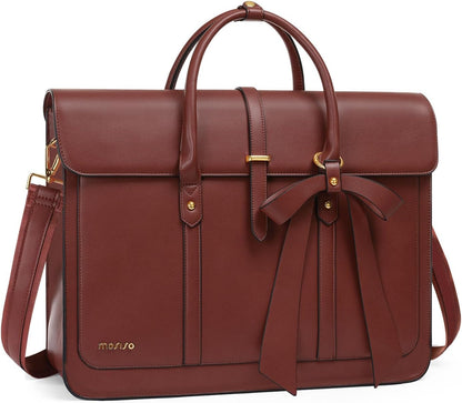 MOSISO Laptop Bag for Women, PU Leather Laptop Shoulder Bag Convertible Backpack, Work Travel Computer Bag with Bowknot - PuriLite