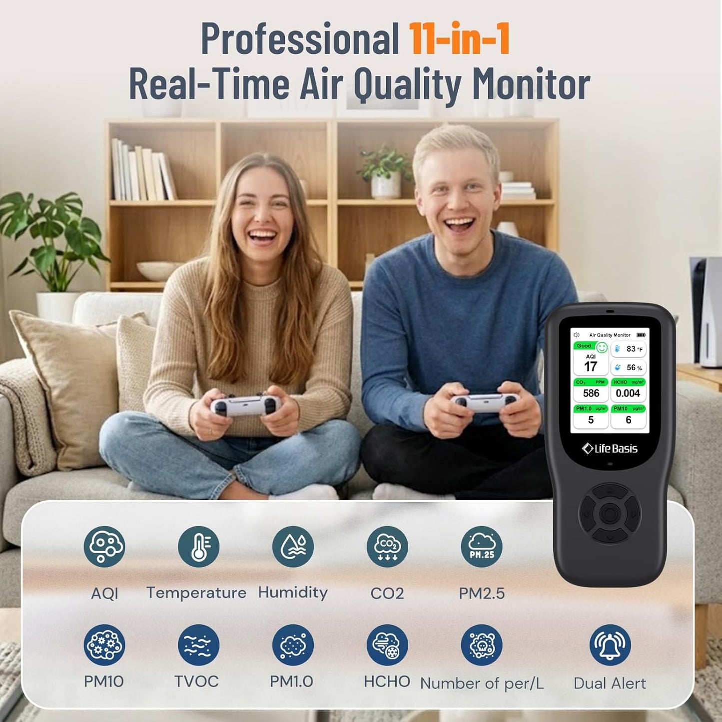 LifeBasis 11-in-1 Indoor Air Quality Monitor with CO₂ Detector, AQI Meter & Smart Alerts