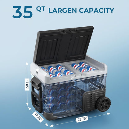 EUHOMY 12 Volt Refrigerator with Remote App Control, 35QT(33L) Dual Zone Electric Cooler with Wheels & Basket, Portable Freezer 12/24V DC & 110-240V AC, 12V Cooler for Travel, Truck, Camping, Boat, RV