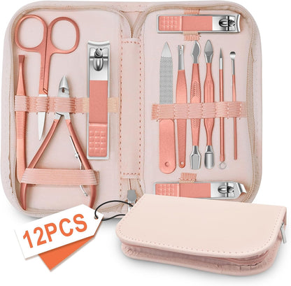 Manicure Pedicure Set, Nail Clipper Set for Men Women, Professional Manicure Kit Pedicure Kit, Nail Care Kit with Green Travel Leather Bag, Set 12 in 1