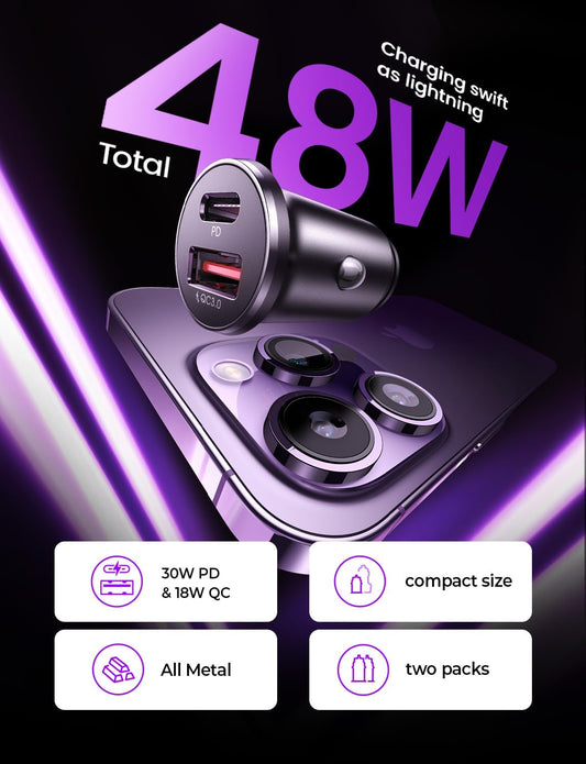LISEN 2-Pack USB C Car Charger 54W Car Cigarette Lighter USB Charger[Mini&Metal] Fast Charge USBC Fast Car Charger Adapter for iPhone 16 15 14 Pro Max Plus 13 12, iPad Pro, Back to School - PuriLite