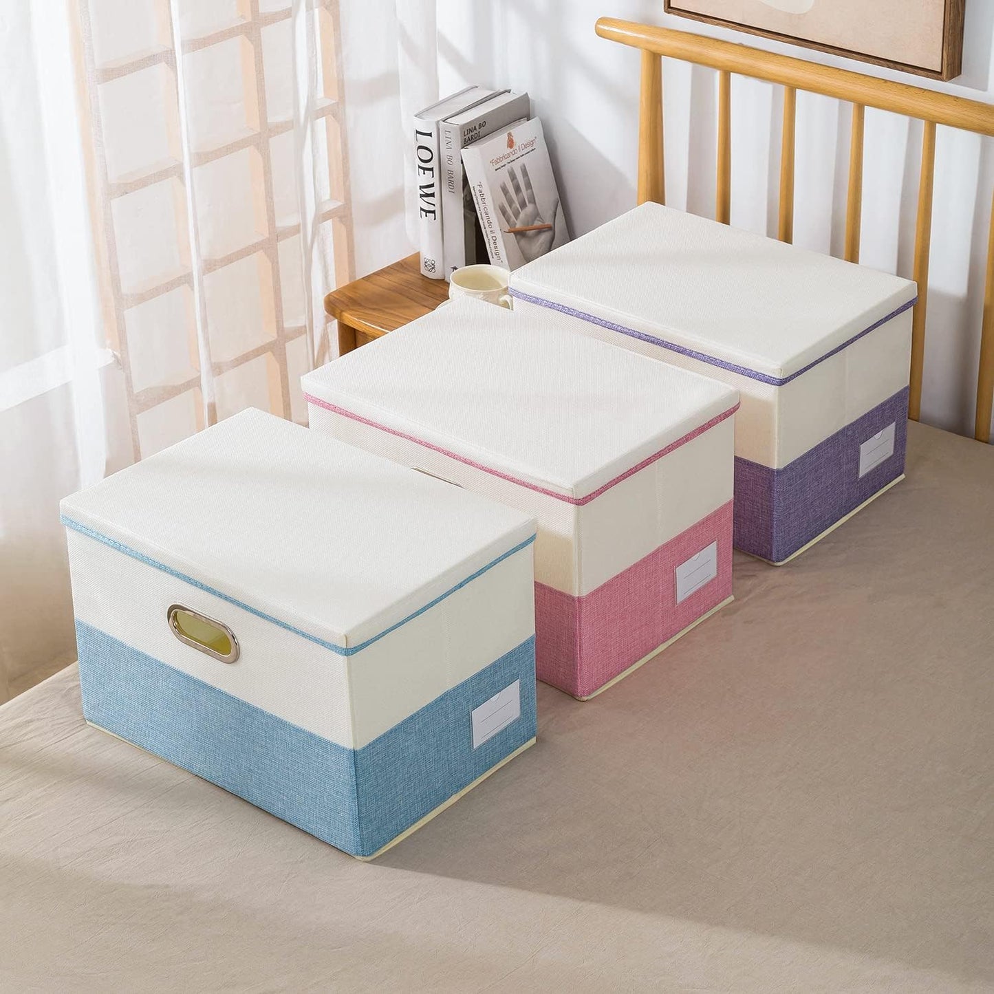 PRANDOM Large Foldable Storage Bin with Lid [1-Pack] Linen Fabric Decorative Storage Box Organizer Containers Basket Cube with Handles Divider for Bedroom Closet Office Living Room (17.7x11.8x11.8")
