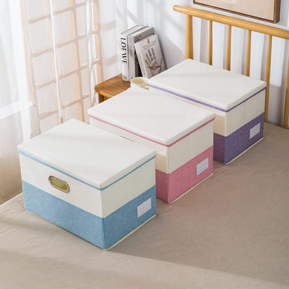 PRANDOM Large Foldable Storage Bin with Lid [1-Pack] Linen Fabric Decorative Storage Box Organizer Containers Basket Cube with Handles Divider for Bedroom Closet Office Living Room (17.7x11.8x11.8")