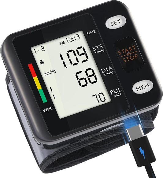 WRIST DIGITAL BLOOD PRESSURE MONITOR MACHINE BP CUFF FOR HOME USE (Black, Backlit LCD Display)