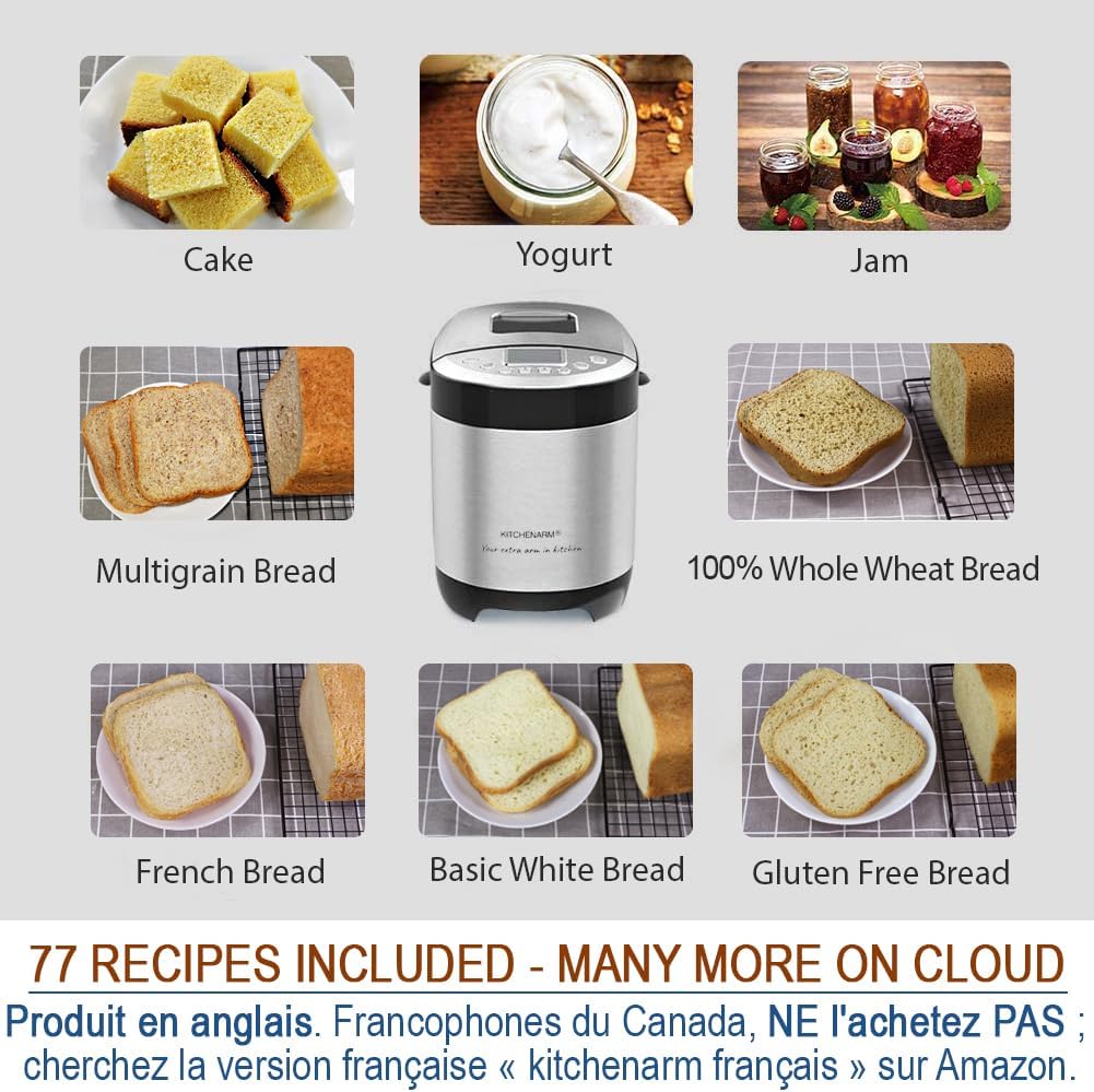 KITCHENARM 29-in-1 SMART Bread Machine with Gluten Free Setting 2LB 1.5LB 1LB Bread Maker Machine with Homemade Cycle - Stainless Steel Breadmaker with Recipes Whole Wheat Bread Making Machine