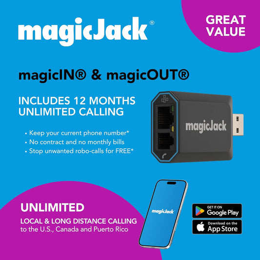 magicJack VOIP Phone Adapter - Unlimited Calls to US & Canada, No Monthly Bill, Portable Internet Phone with App, magicIN™ & magicOUT™ Service
