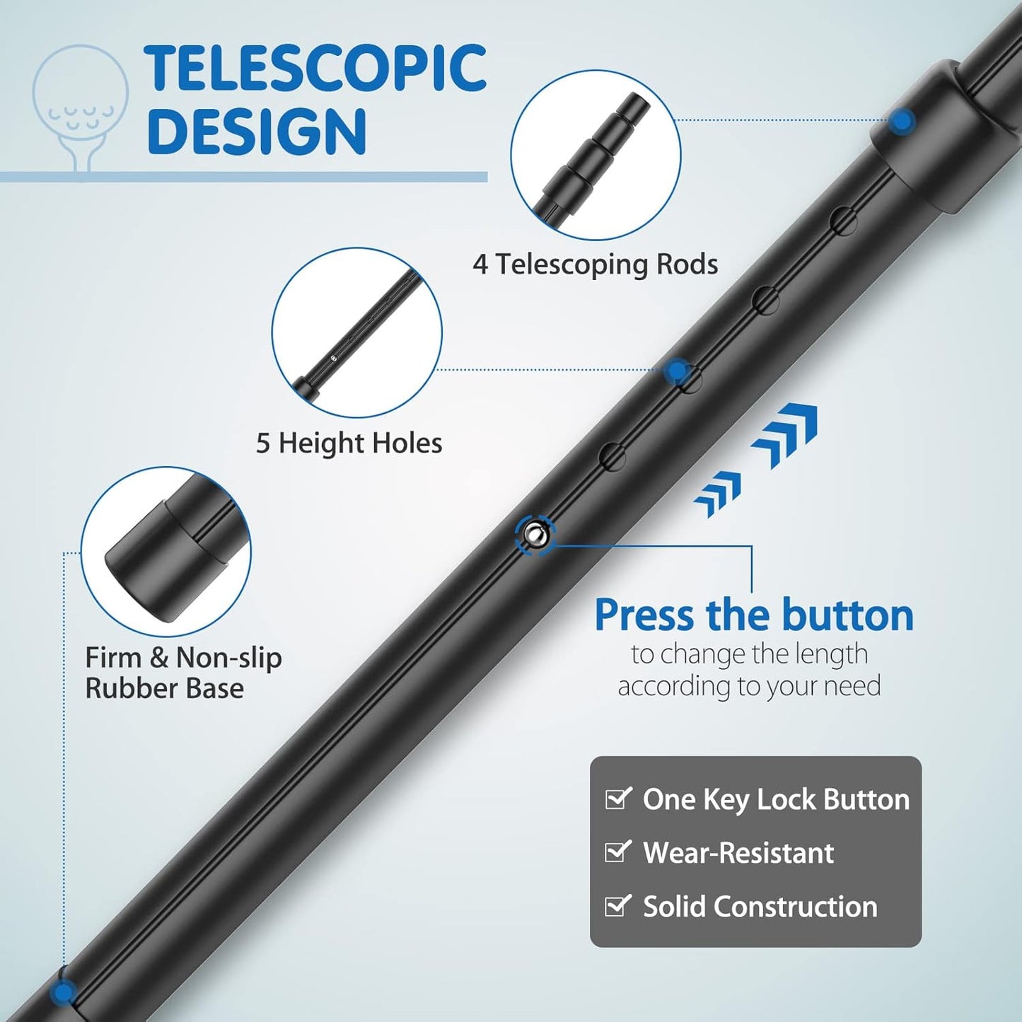 Rhino Valley Golf Travel Bag Support Rod – Aluminum Alloy Anti-Impact Club Protector, Adjustable Telescopic Support Pole for Golf Travel Bags, Anti-Vibration Hexagonal Top Cover, Golf Clubs Protection System – Black