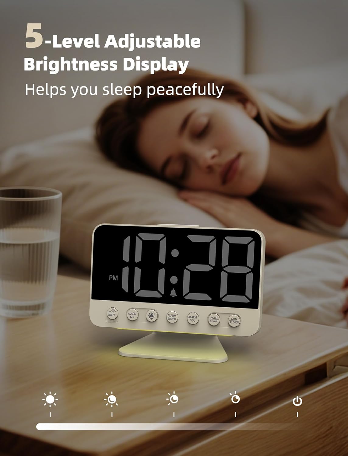 Odokee Digital Alarm Clocks for Bedrooms: Large Bold Number 5 Brightness Dimmer - Easy to Read Across The Room - 5 Alarm Sound 8 Night Light - Silver