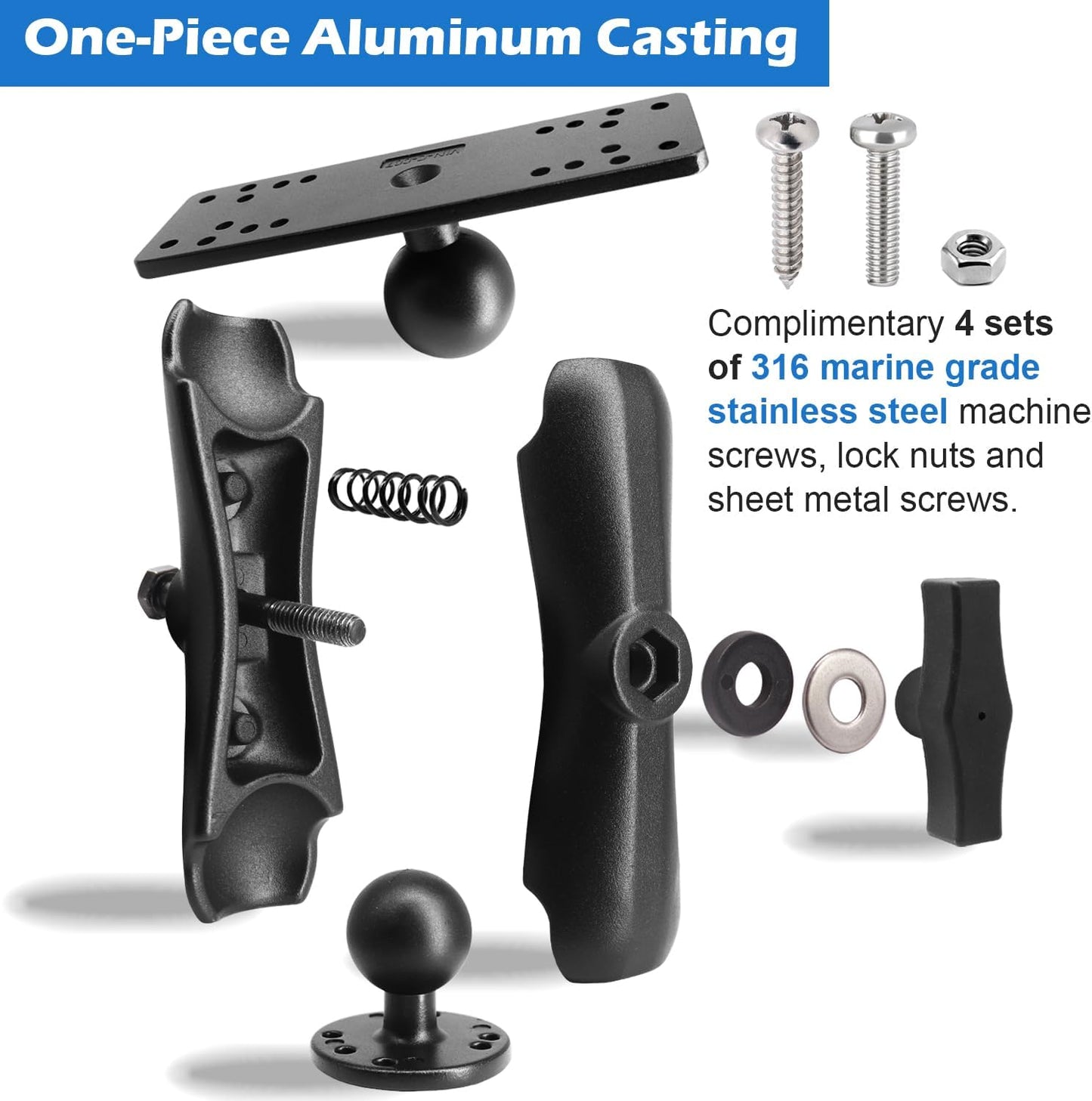 WINDFRD 1.5" Ball Medium Arm Marine Electronic Mount, Fish Finder Mount, Universal Mounting Plate with 1.5 inches / 38mm / C Size Ball Adapters, Compatible with Humminbird, Garmin, Lowrance and More