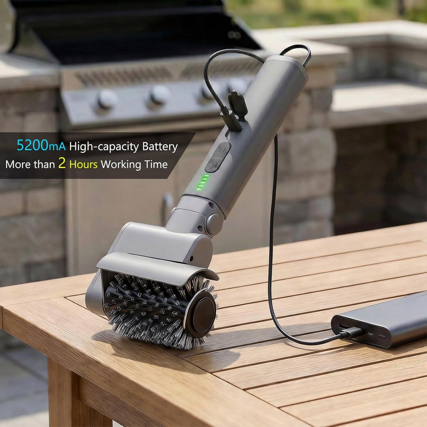 Electric Grill Brush 3-in-1 Kit – Cordless BBQ Cleaner with Reinforced Safe Metal Bristles – 2 Hours Runtime, Waterproof & Dishwasher Safe Removable Brushes for Deep Cleaning (Light Gray)