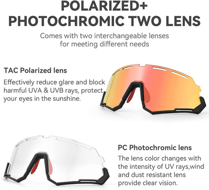 ROCKBROS Mountain Bike Glasses for Men Cycling Glasses with Interchangeable Polarized + Photochromic Lenses Sport Sunglasses