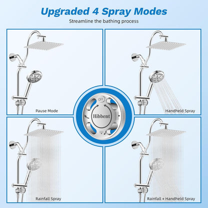 Hibbent Upgraded All Metal 10"Rainfall Showerhead Combo, High Pressure Shower Head with 10-Spray Mode Handheld, Innovative 4-way Diverter with Pause Mode, 71'' Shower Hose and Handheld Holder, Chrome
