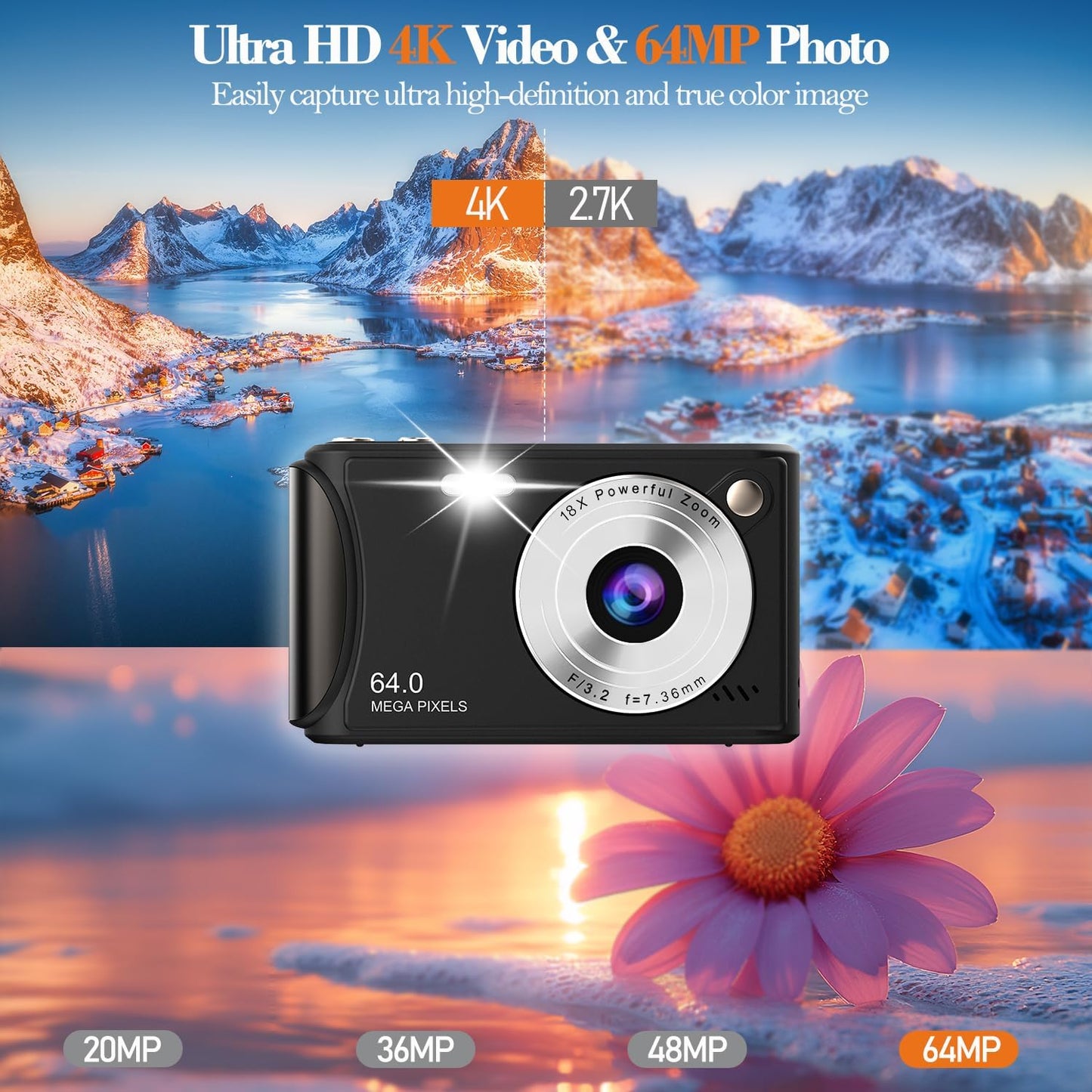 4K Digital Camera for Photography, 64MP Autofocus Vlogging Camera for YouTube, Anti-Shake, LED Screen, 18X Zoom, Point and Shoot Digital Camera for Teens Adult Beginner, 32GB High-Speed SD Card