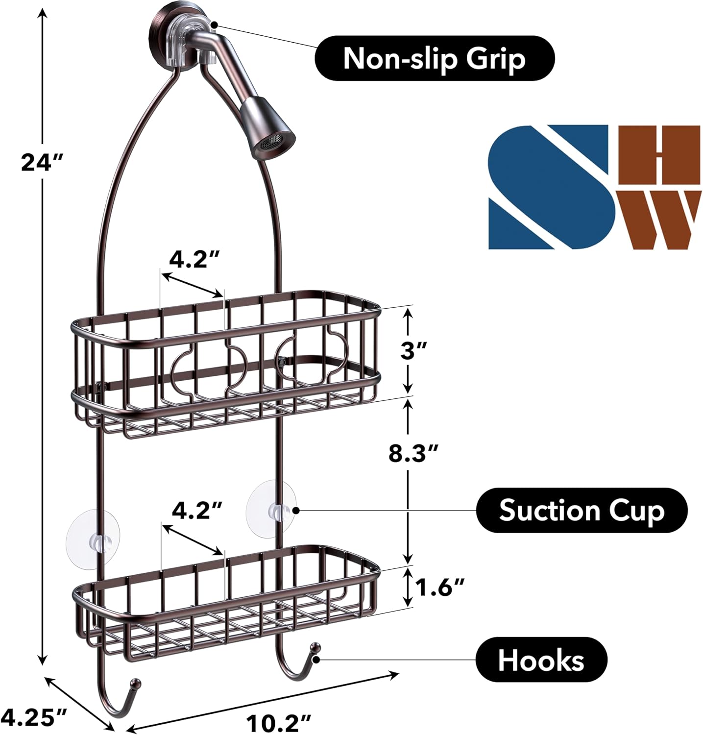 Hanging Shower Caddy Organizer with Hooks and Non-Slip Grip, Rust-Resistant Steel Bathroom Storage Rack, Bronze Finish - PuriLite