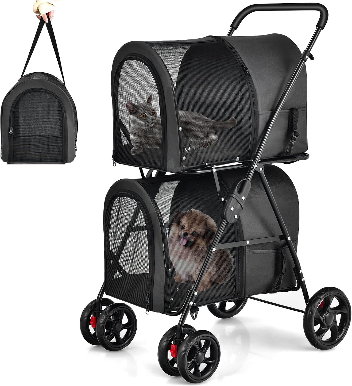 Giantex Double Pet Carrier with 2 Detachable Bags, Safety Belt, 4 Lockable Wheels, Cat & Dog Stroller, Folding Travel Carrier for Small & Medium Pets (Black)